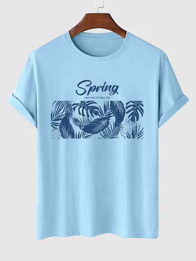 Men's Spring Letter Leaves Printed Crew Neck Short Sleeves T-shirt