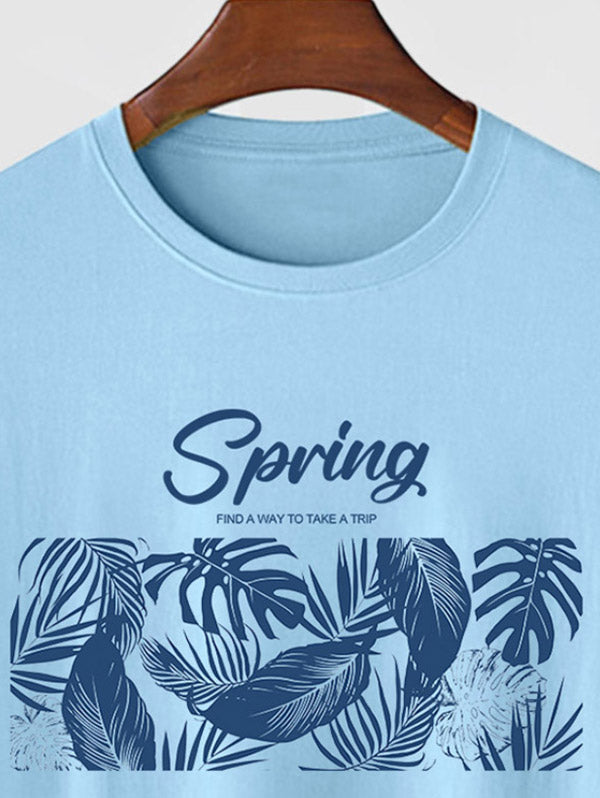 Men's Spring Letter Leaves Printed Crew Neck Short Sleeves T-shirt