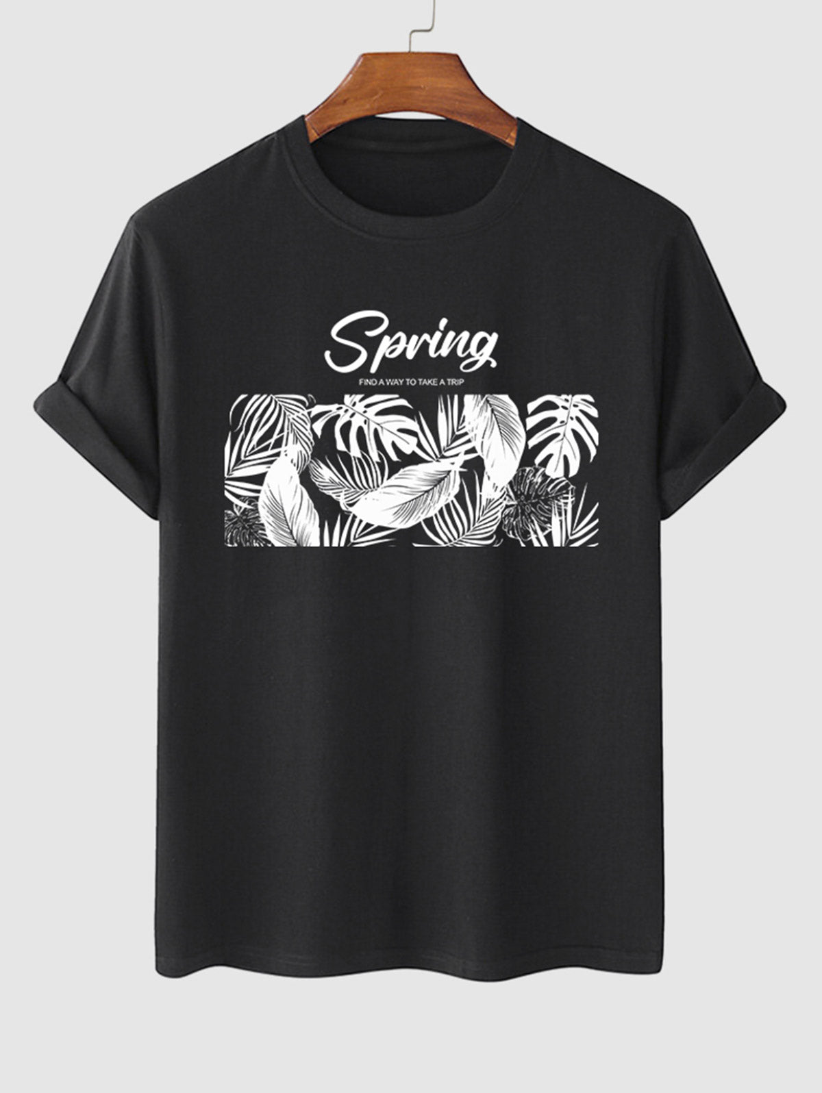 Men's Spring Letter Leaves Printed Crew Neck Short Sleeves T-shirt