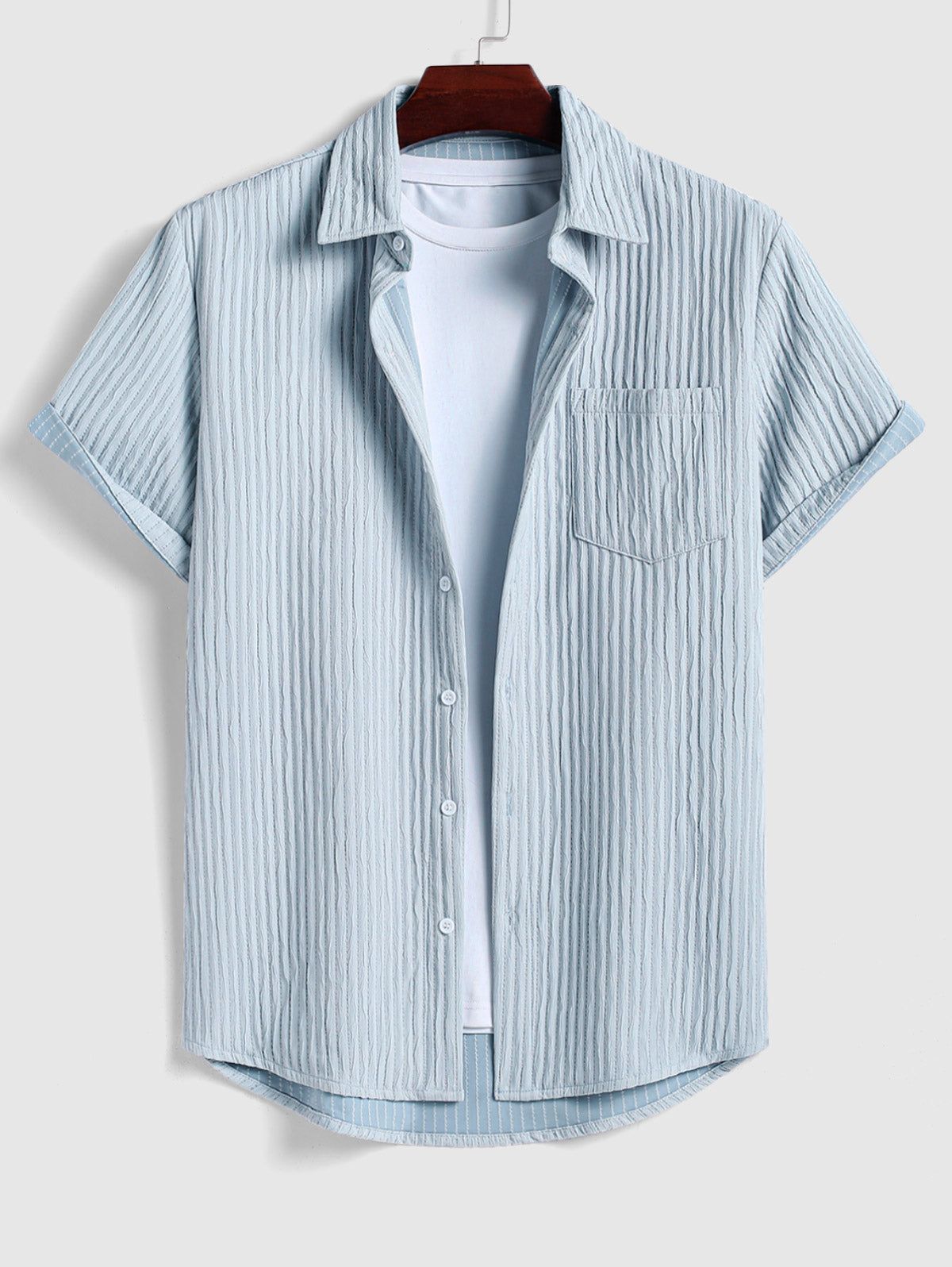 Men's Vertical Stripes Wrinkle Textured Front Pocket Button Up Short Sleeves Shirt