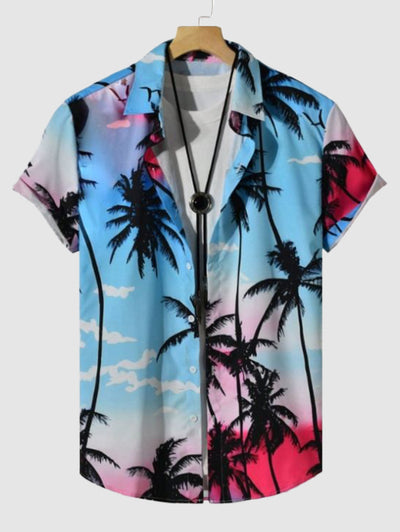 Men's Hawaiian Coconut Tree Bird Cloud Colorblock Printed Button Up Short Sleeves Shirt