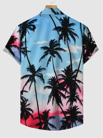 Men's Hawaiian Coconut Tree Bird Cloud Colorblock Printed Button Up Short Sleeves Shirt