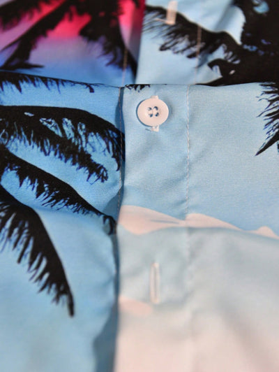 Men's Hawaiian Coconut Tree Bird Cloud Colorblock Printed Button Up Short Sleeves Shirt