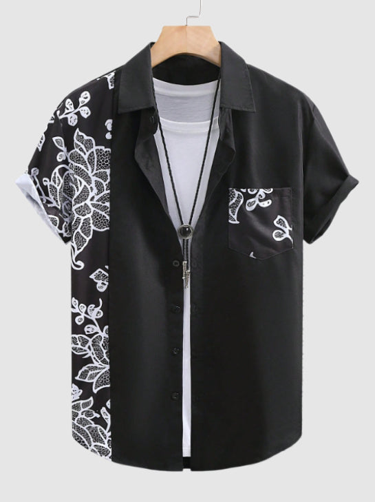 Men's Casual Floral Printed Button Up Pocket Short Sleeves Shirt