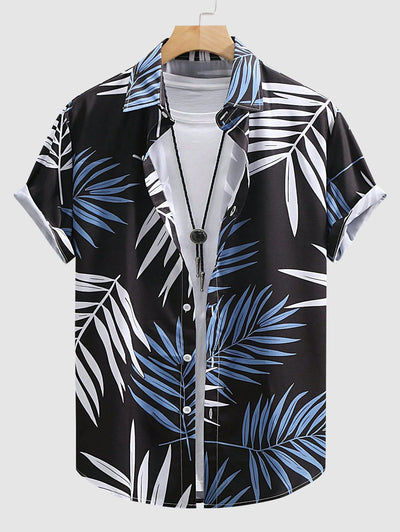 Men's Casual Leaves Printed Button Up Short Sleeves Shirt