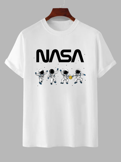 Men's Casual Letter Astronaut Pattern Crew Neck Short Sleeves T-shirt