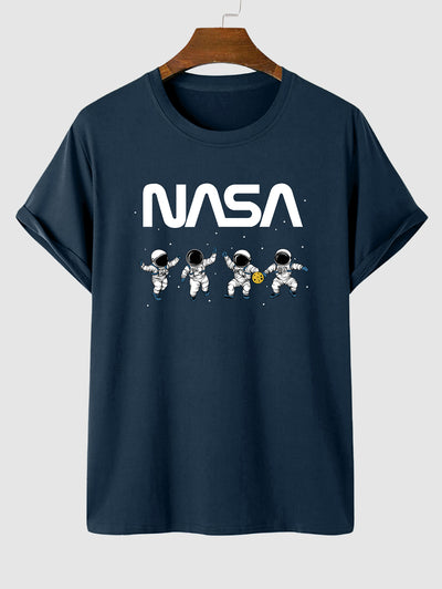 Men's Casual Letter Astronaut Pattern Crew Neck Short Sleeves T-shirt