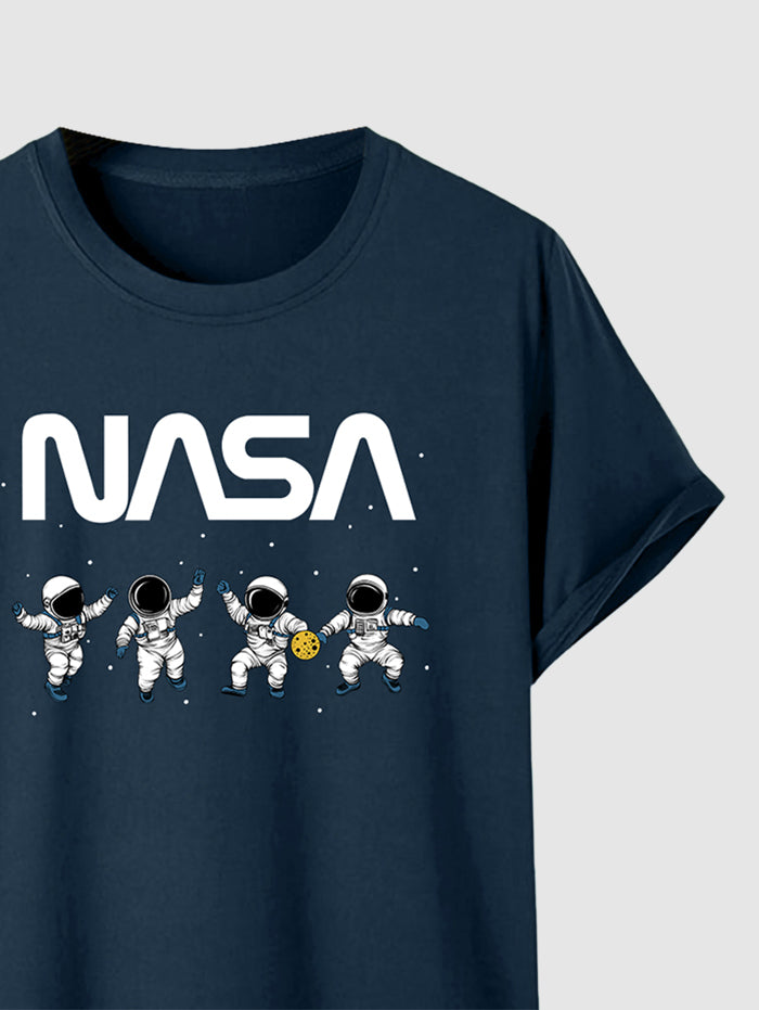 Men's Casual Letter Astronaut Pattern Crew Neck Short Sleeves T-shirt