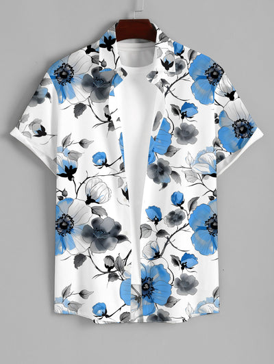 Men's Floral Branches Printed Button Up Casual Hawaiian Short Sleeves Shirt