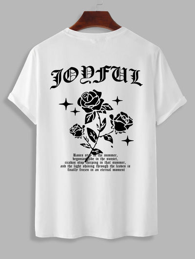 Men's Casual Floral Rose Letter Graphic Printed Crew Neck Short Sleeves T-shirt