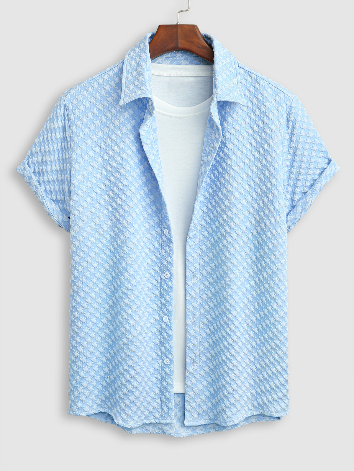 Men's Casual Jacquard Textured Button Up Short Sleeves Shirt