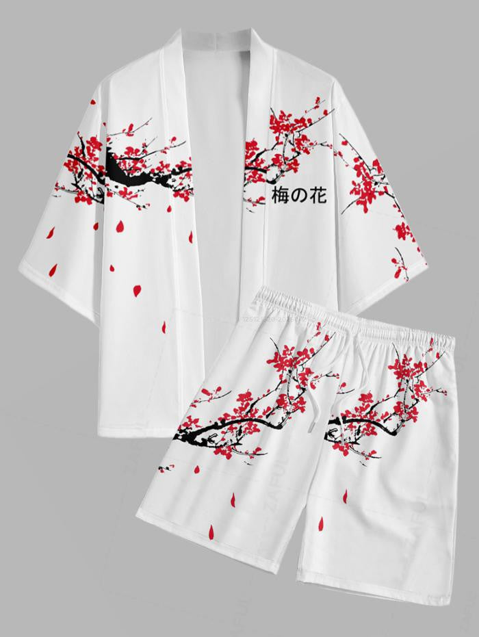 Men's Chinese Character Floral Plum Blossom Printed Open Front Kimono And Drawstring Beach Vacation Shorts Set