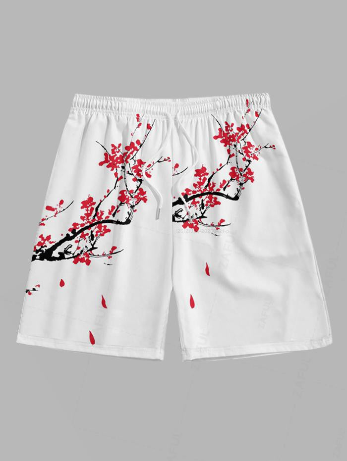 Men's Chinese Character Floral Plum Blossom Printed Open Front Kimono And Drawstring Beach Vacation Shorts Set