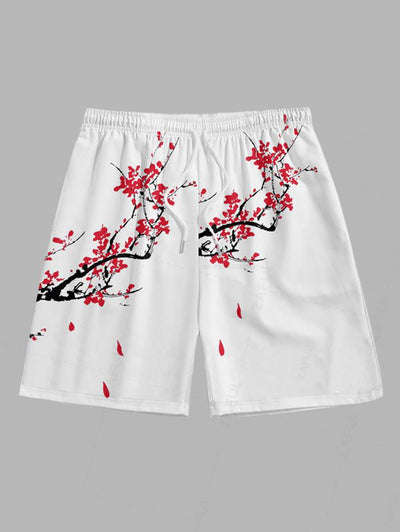 Men's Chinese Character Floral Plum Blossom Printed Open Front Kimono And Drawstring Beach Vacation Shorts Set