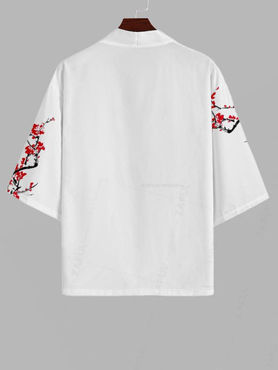 Men's Chinese Character Floral Plum Blossom Printed Open Front Kimono And Drawstring Beach Vacation Shorts Set