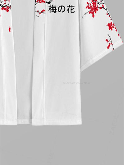 Men's Chinese Character Floral Plum Blossom Printed Open Front Kimono And Drawstring Beach Vacation Shorts Set