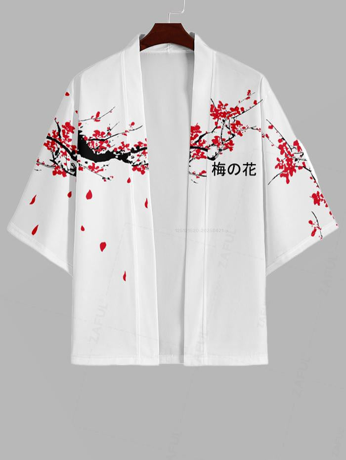 Men's Chinese Character Floral Plum Blossom Printed Open Front Kimono And Drawstring Beach Vacation Shorts Set