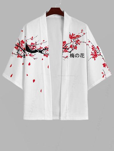 Men's Chinese Character Floral Plum Blossom Printed Open Front Kimono And Drawstring Beach Vacation Shorts Set