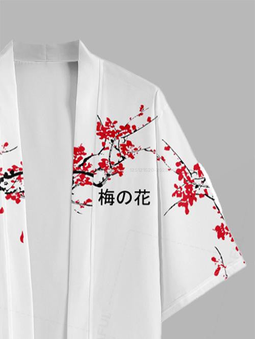 Men's Chinese Character Floral Plum Blossom Printed Open Front Kimono And Drawstring Beach Vacation Shorts Set