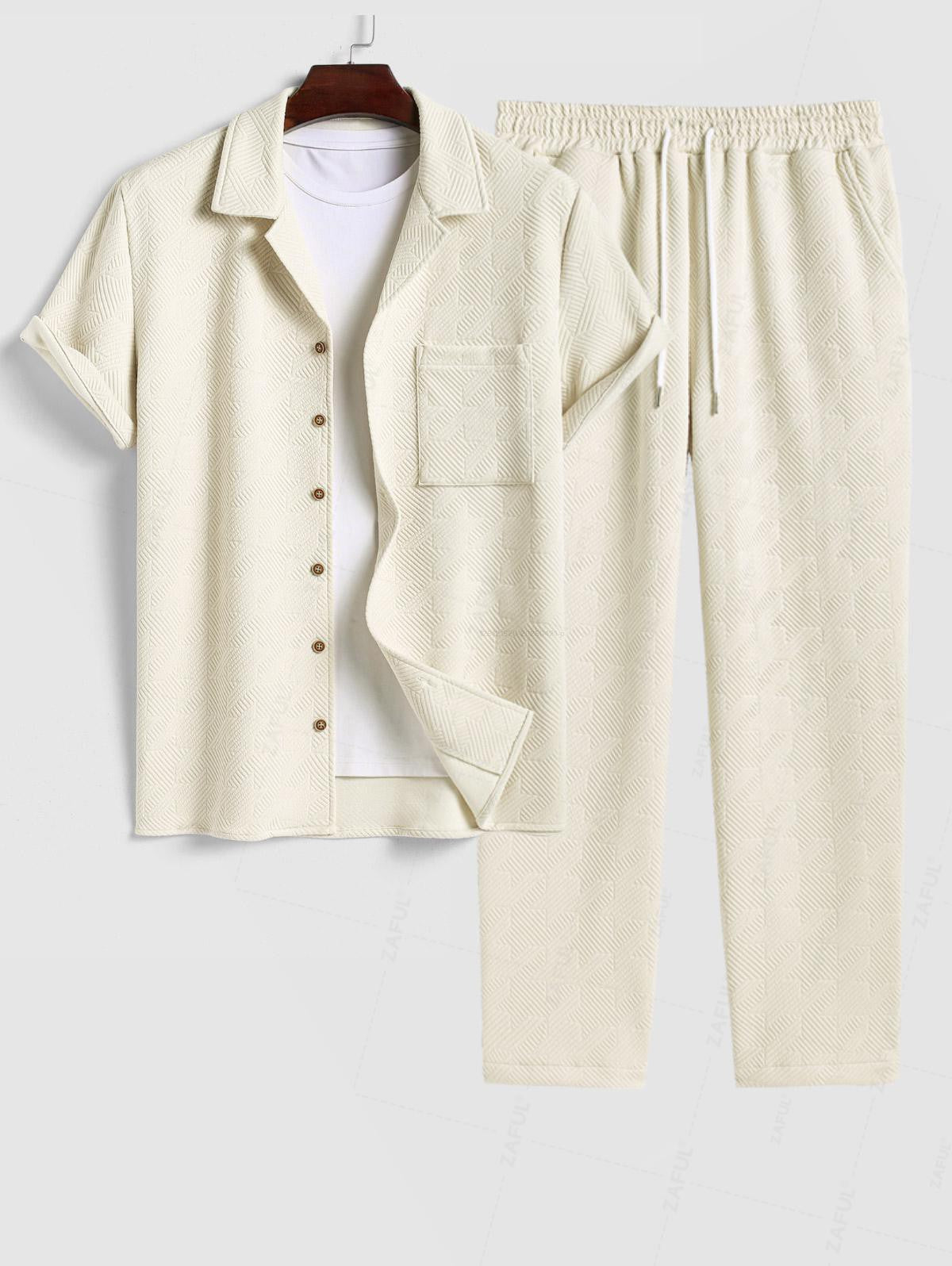 Men's Casual Embossed Textured Pocket Design Camp Collar Button Up Short Sleeves Shirt And Drawstring Straight Leg Pants Set