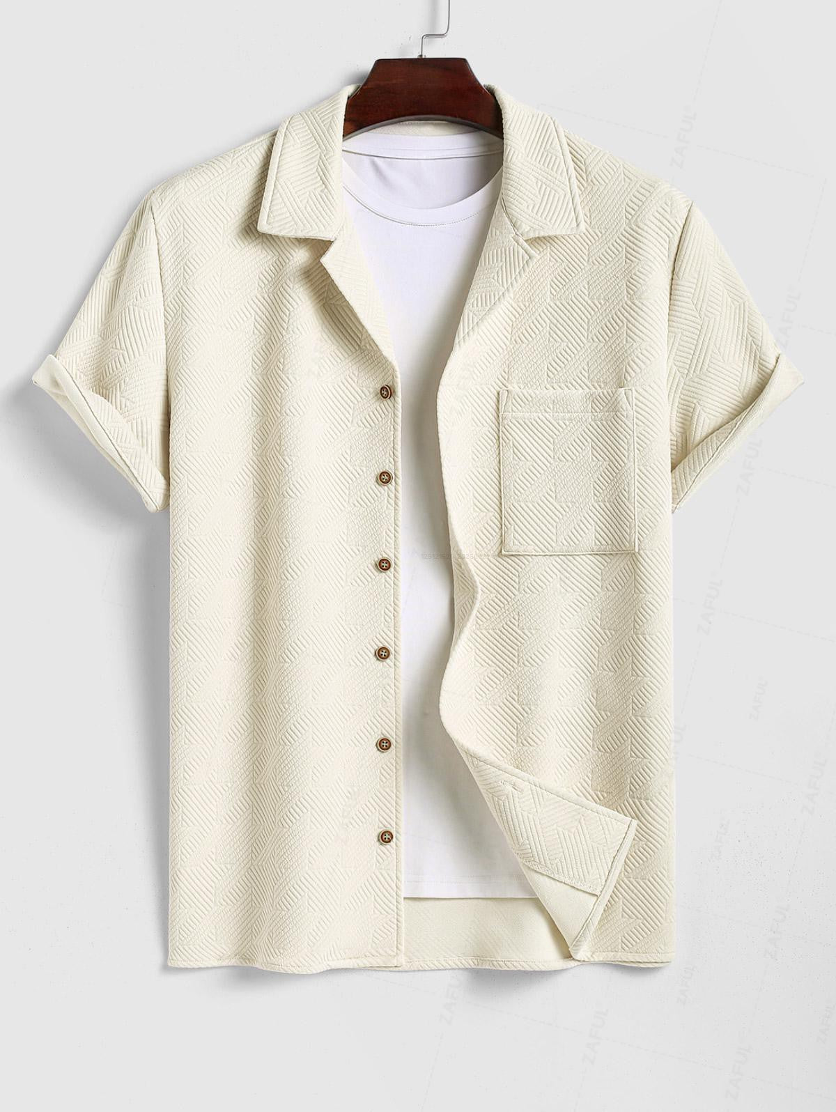 Men's Casual Embossed Textured Pocket Design Camp Collar Button Up Short Sleeves Shirt And Drawstring Straight Leg Pants Set