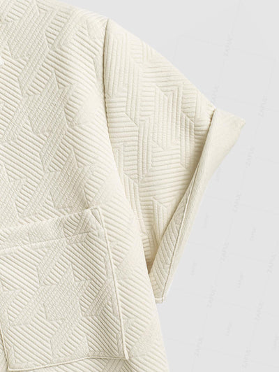 Men's Casual Embossed Textured Pocket Design Camp Collar Button Up Short Sleeves Shirt And Drawstring Straight Leg Pants Set