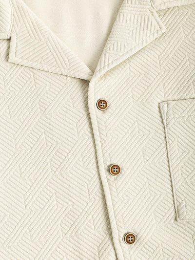 Men's Casual Embossed Textured Pocket Design Camp Collar Button Up Short Sleeves Shirt And Drawstring Straight Leg Pants Set