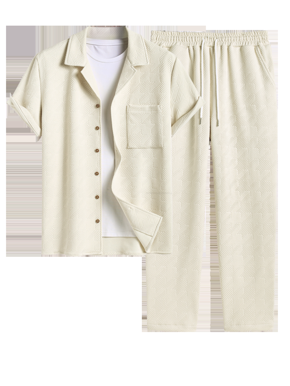 Men's Casual Embossed Textured Pocket Design Camp Collar Button Up Short Sleeves Shirt And Drawstring Straight Leg Pants Set