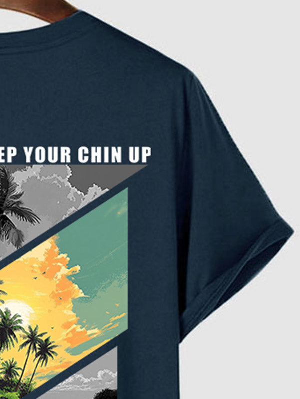 Men's Natural Scenery Palm Tree Sea Sun Letter Graphic Printed Casual Beach Crew Neck Short Sleeves T-shirt