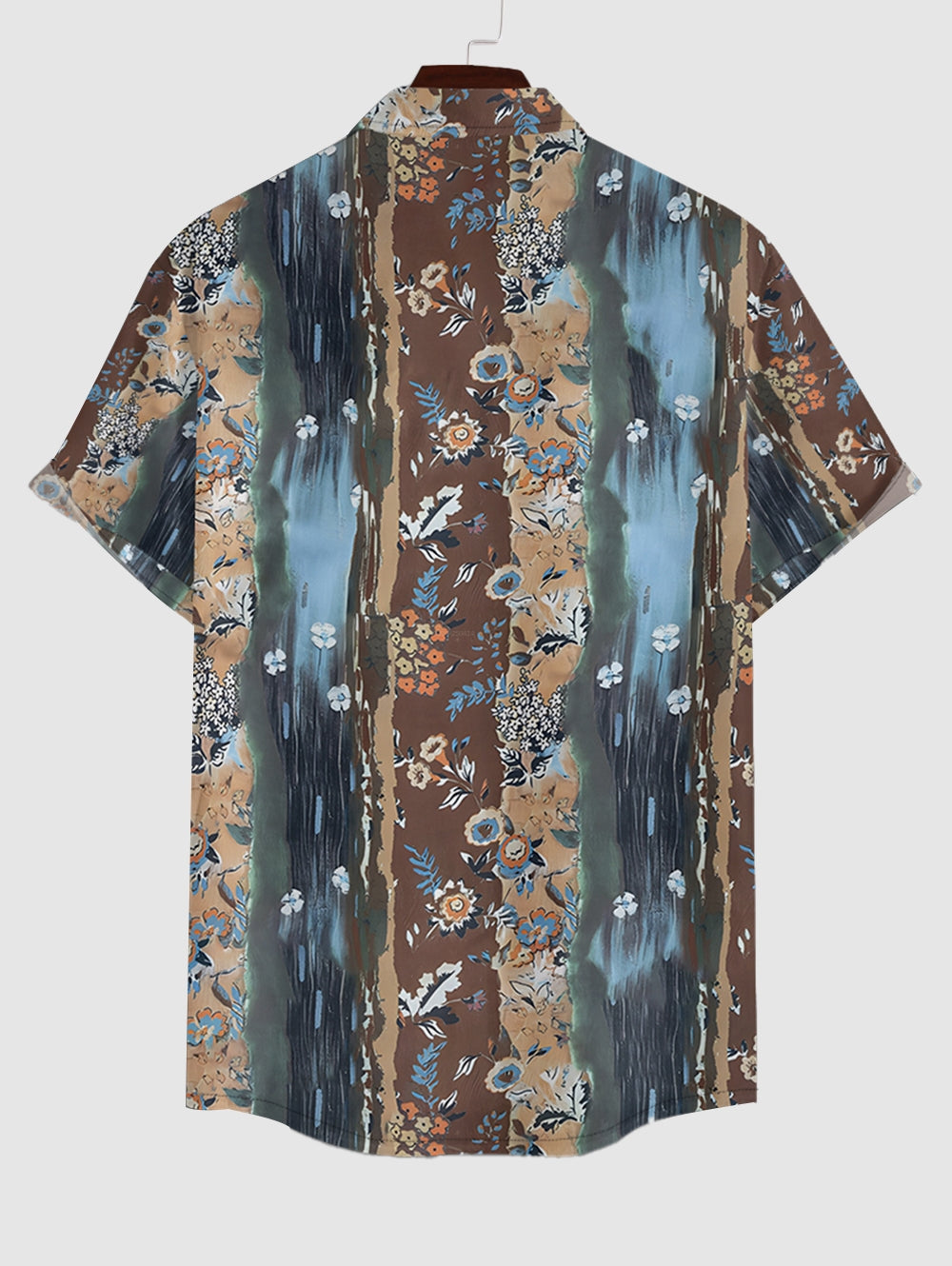 Men's Colorblock Brush Painting Tiny Floral Pattern Button Up Short Sleeves Shirt And Drawstring Shorts Set