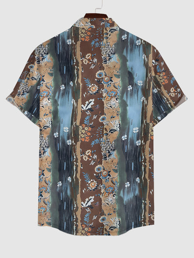 Men's Colorblock Brush Painting Tiny Floral Pattern Button Up Short Sleeves Shirt And Drawstring Shorts Set