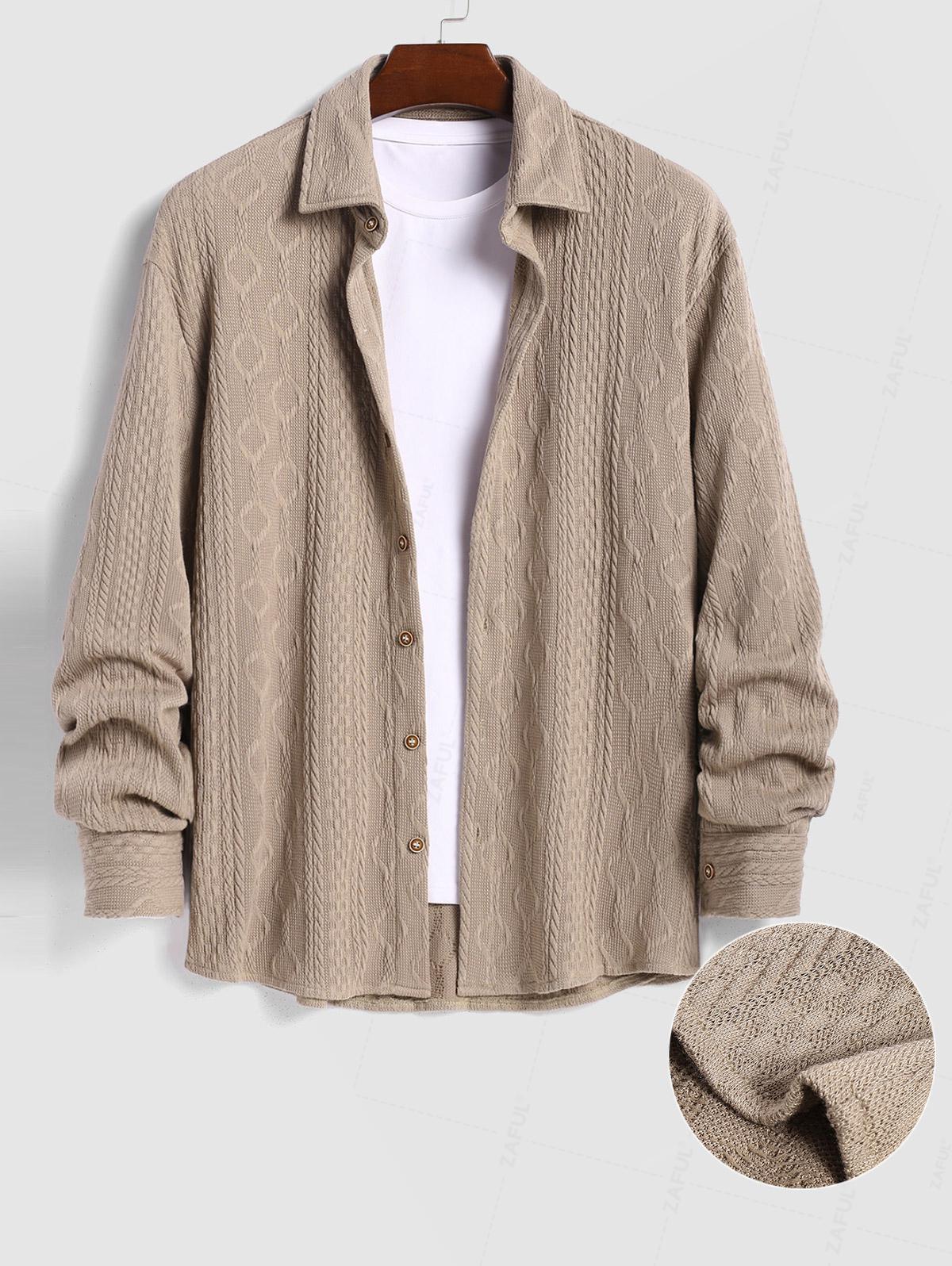 Men's Casual Knitted Jacquard Textured Button Up Long Sleeves Shirt Set Kosyway