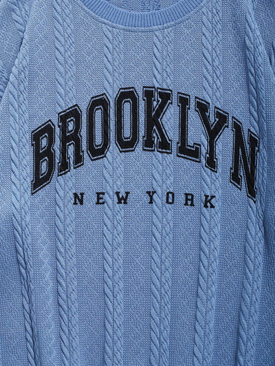 Men's Casual Letter BROOKLYN NEW YORK Graphic Printed Jacquard Textured Cable Knit Crew Neck Long Sleeve Sweater Pant Set