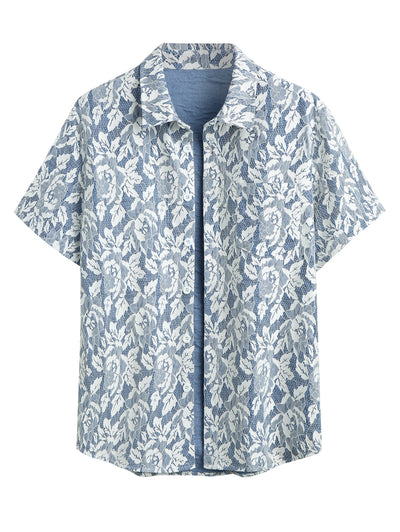 Men's Casual Lace Floral Pocket Design Button Up Short Sleeves Shirt