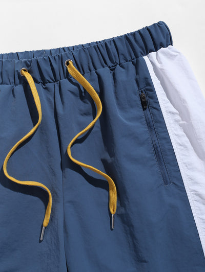 Men's Colorblock Letter Pattern Zip Pockets Design Drawstring Casual Cargo Shorts
