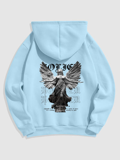 Men's Letter Figure Statue With Wings Pattern Fuzzy Fleece-lined Kangaroo Pocket Design Pullover Hoodie And Drawstring Jogger Sweatpants Set