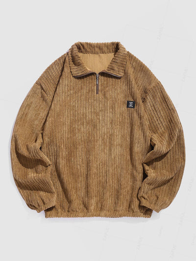 Men's Striped Patch Design Quarter Zip Stand Collar Corduroy Sweatshirt Set