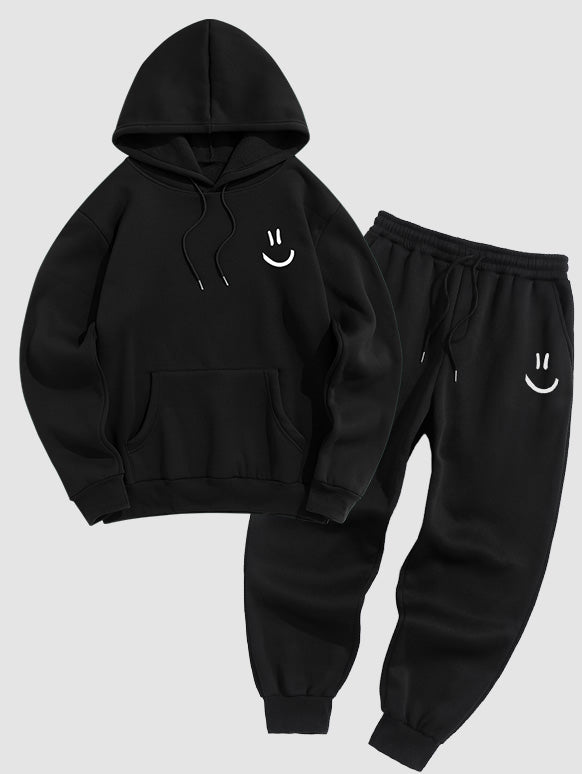 Men's Smile Face Pattern Fuzzy Fleece-lined Kangaroo Pocket Design Pullover Hoodie And Drawstring Jogger Sweatpants Set