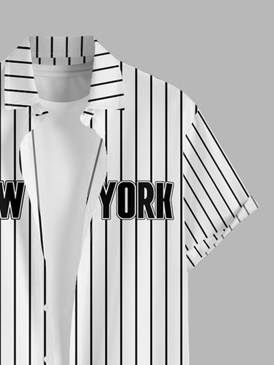 Men's NEW YORK Letter Vertical Stripes Printed Button Up Casual Short Sleeves Shirt