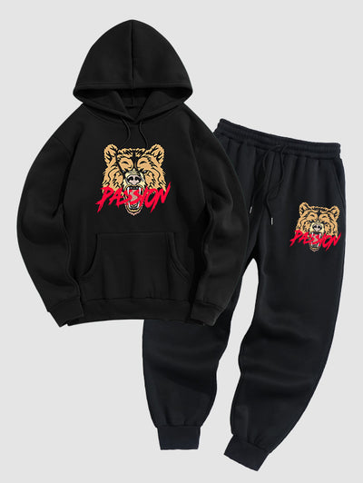 Men's PASSION Tiger Pattern Printed Fuzzy Fleece-lined Kangaroo Pocket Design Pullover Hoodie Set Kosyway