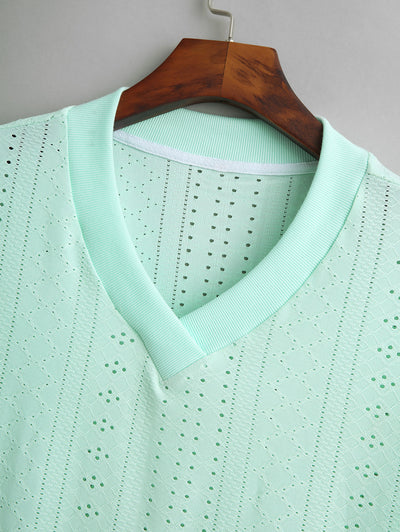 Men's Geometric Openwork Jacquard Textured Pointelle Knit V Neck Short Sleeves T-shirt