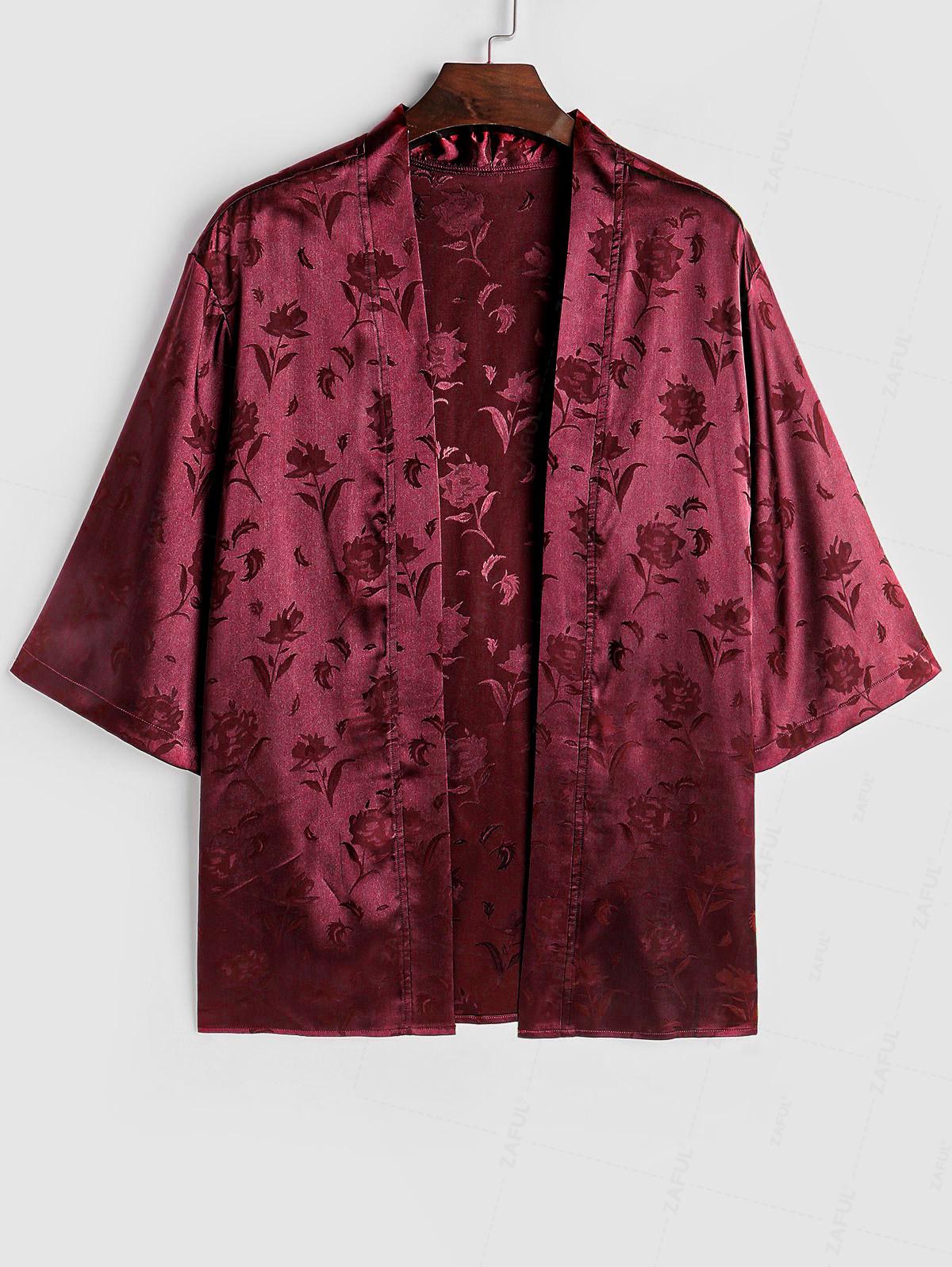 Men's Two Piece Outfits Silky Satin Rose Printed Open Front Kimono Shirt And Casual Shorts Set