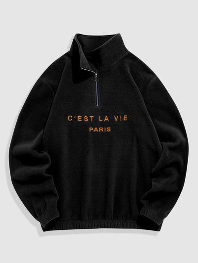 C' EST LA VIE Letter Embroidered Polar Fleece Sweatshirt And Sports Jogger Pants Set