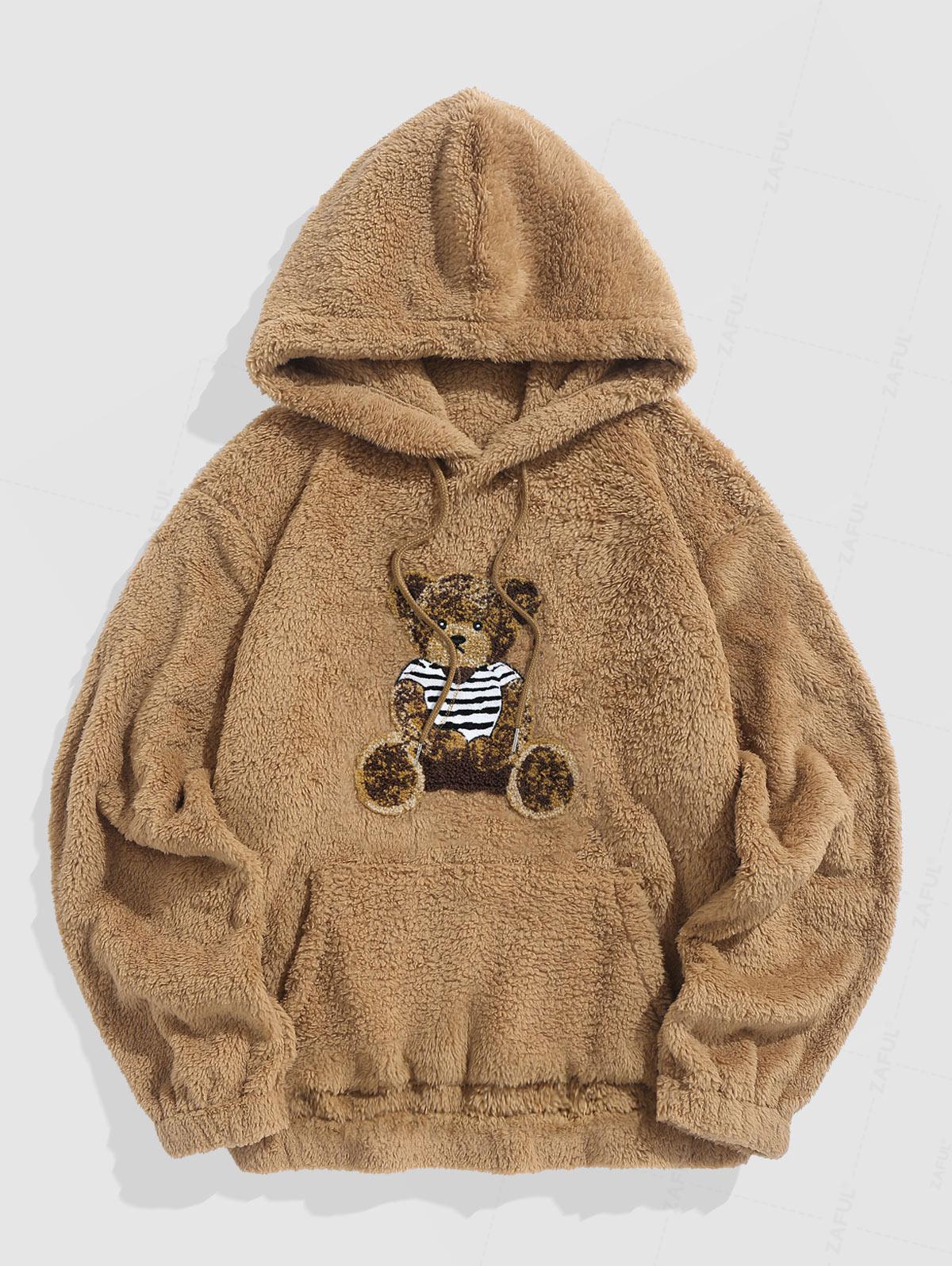 Bear Terry Embroidered Pullover Fluffy Faux Fur Teddy Hoodie Set