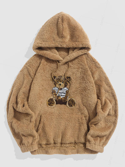 Bear Terry Embroidered Pullover Fluffy Faux Fur Teddy Hoodie Set