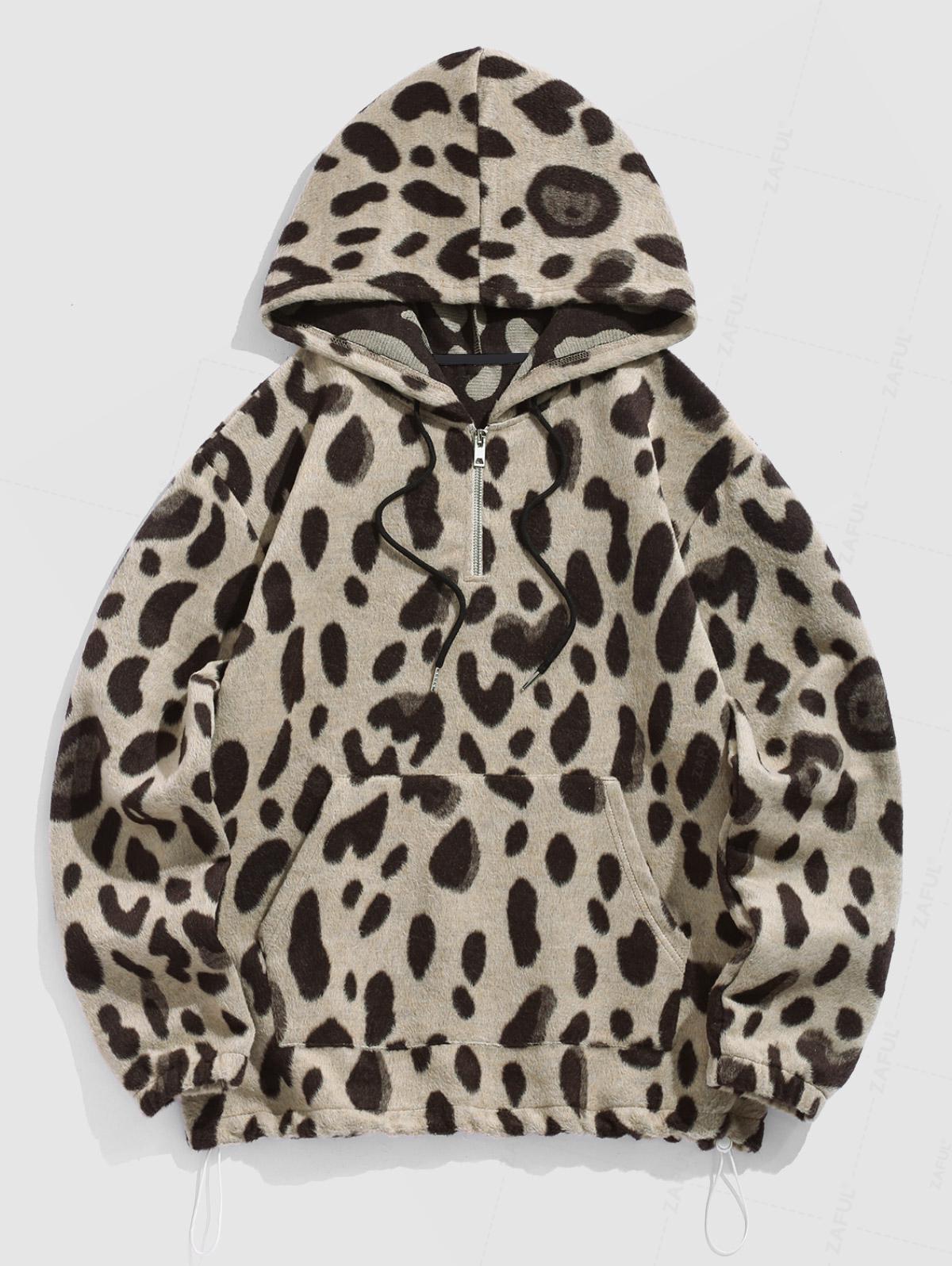 Men's Casual Fluffy Fuzzy Leopard Pattern Kangaroo Pocket Pullover Hoodie Set