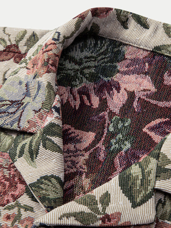 Men's Cotton And Linen Textured Floral Pattern Camp Collar Button Up Short Sleeves Shirt