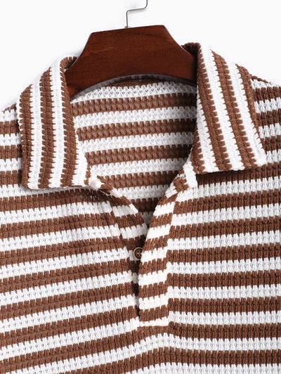 Men's Contrast Striped Polo Collar Half Buttoned Knit Short Sleeves T-shirt