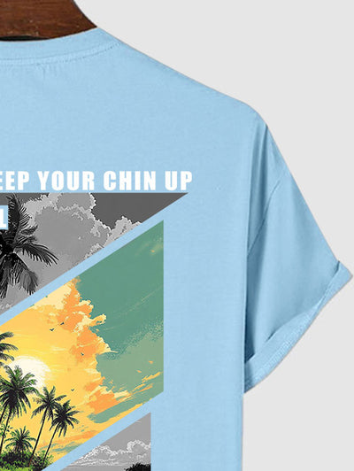 Men's Natural Scenery Palm Tree Sea Sun Letter Graphic Printed Casual Beach Crew Neck Short Sleeves T-shirt