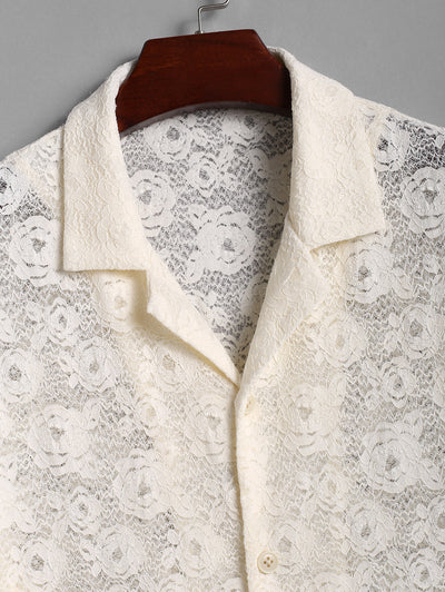 Men's Floral Rose Lace Openwork Camp Collar Button Up Short Sleeves Shirt